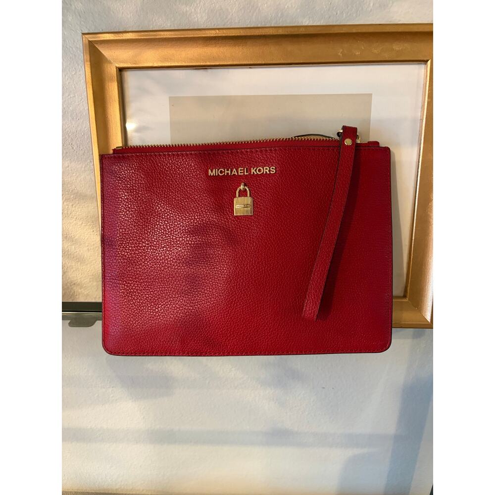 Michael Kors Mercer Red Pebbled Leather Wristlet Clutch Zip Pouch Wallet Large
